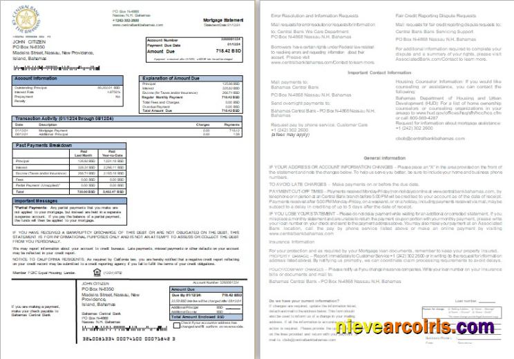 Bahamas Central Bank Bank Mortgage Statement, 2 Pages,1 2 Scr Sample