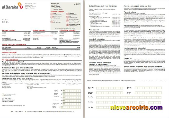 Bahrain Al Baraka Bank Mortgage Statement, 2 Pages, 1 2 Scr Template