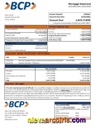Banco De Credito Bolivia Bank Mortgage Statement Scr Preview
