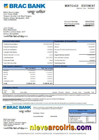 Bangladesh BRAC Bank Bank Mortgage Statement Scr Template