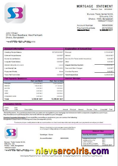 Bangladesh SB Bank Mortgage Statement Scr Template