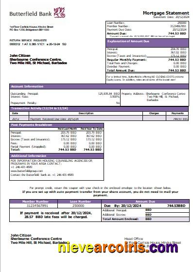 Barbados Butterfield Bank Mortgage Statement Scr Sample