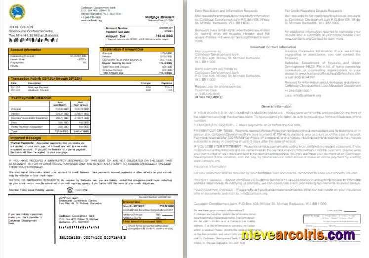 Barbados Caribbean Development Bank Mortgage Statement, 2 Pages, 1 2 Scr Photolook