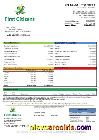 Barbados First Citizens Bank Mortgage Statement Scr Template