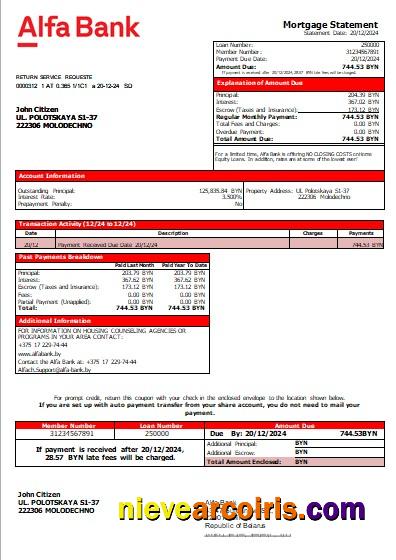 Belarus Alfa Bank Mortgage Statement Scr Sample