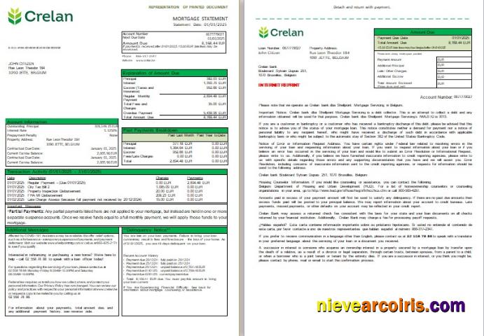 Belgium Crelan Bank Mortgage Statement, 3 Pages, 1 2 Scr Template