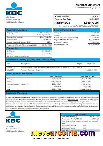 Belgium KBC Bank Mortgage Statement Scr Sample