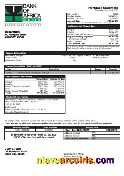 Benin Bank Of Africa Bank Mortgage Statement Scr Template