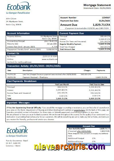 Benin Ecobank Bank Mortgage Statement Scr Template