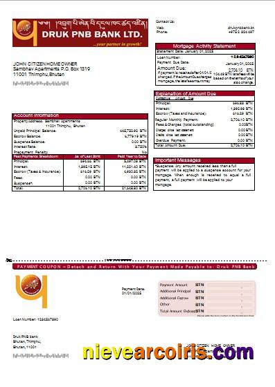 Bhutan Druk PNB Bank Mortgage Statement Scr Sample