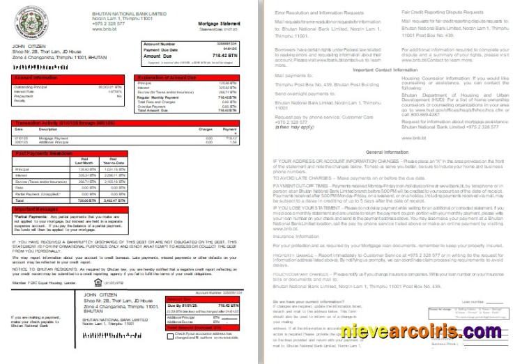 Bhutan National Bank Mortgage Statement, 2 Pages, 1 2 Scr Template
