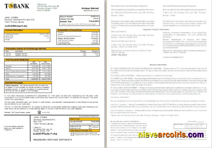 Bhutan T Bank Mortgage Statement, 2 Pages, 1 2 Scr Photolook