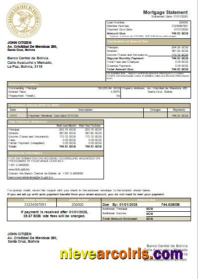 Bolivia Banco Central De Bolivia Bank Mortgage Statement Scr Photolook