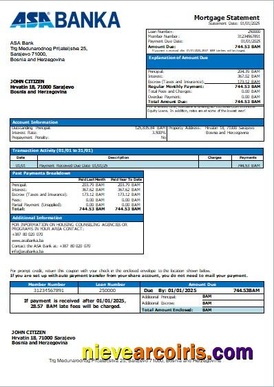 Bosnia And Herzegovina ASA Banka Bank Mortgage Statement Scr Sample