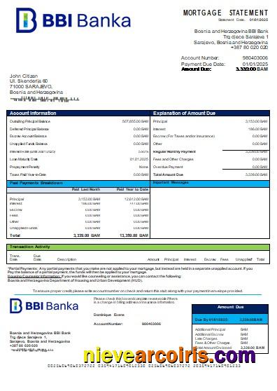 Bosnia And Herzegovina BBI Bank Bank Mortgage Statement Scr Template