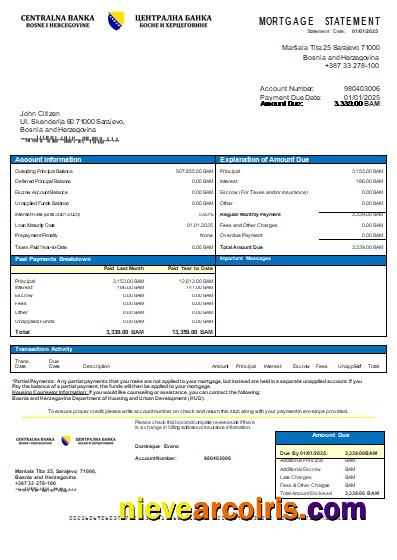 Bosnia And Herzegovina Central Bank Mortgage Statement Scr Sample