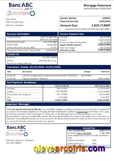 Botswana Bank ABC Bank Mortgage Statement Scr Template