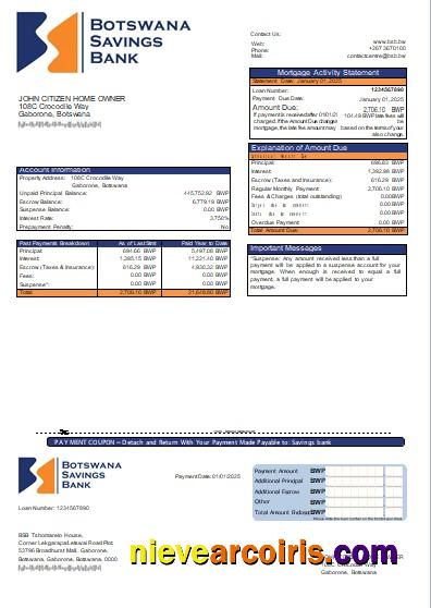 Botswana Savings Bank Mortgage Statement Scr Sample