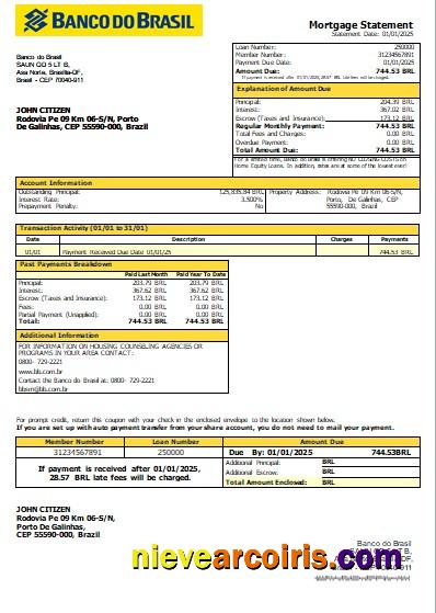 Brazil Banco Do Brasil Bank Mortgage Statement Scr Sample