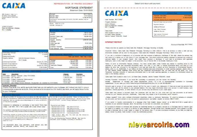 Brazil Caixa Bank Mortgage Statement, 3 Pages, 1 2 Scr Sample