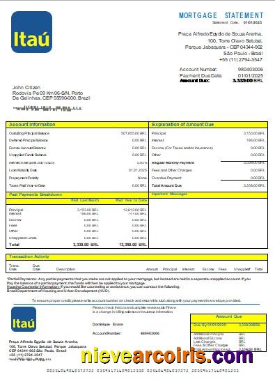 Brazil Itau Bank Mortgage Statement Scr Sample