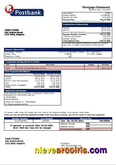 Bulgaria Postbank Bank Mortgage Statement Scr Template