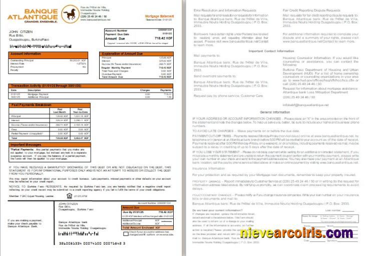 Burkina Faso Banque Atlantique Bank Mortgage Statement, 2 Pages, 1 2 Scr Photolook