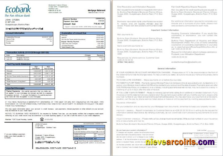 Burkina Faso Ecobank Bank Mortgage Statement, 2 Pages, 1 2 Scr Template