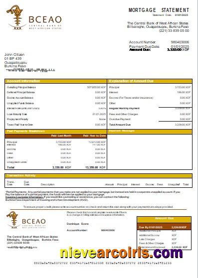 Burkina Faso The Central Bank Of West African States Bank Mortgage Statement Scr Sample