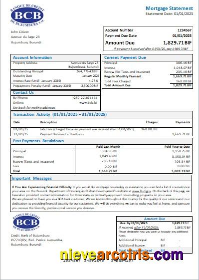 Burundi Credit Bank Of Bujumbura Bank Mortgage Statement Scr Sample