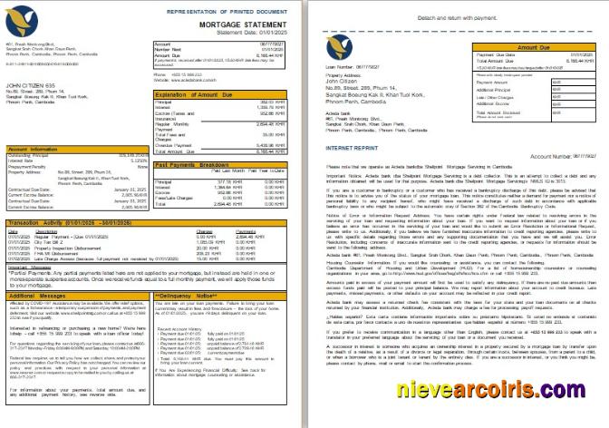 Cambodia Acleda Bank Mortgage Statement, 3 Pages, 1 2 Scr Photolook