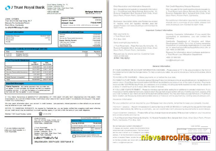Cambodia J Trust Royal Bank Mortgage Statement, 2 Pages, 1 2 Scr Photolook