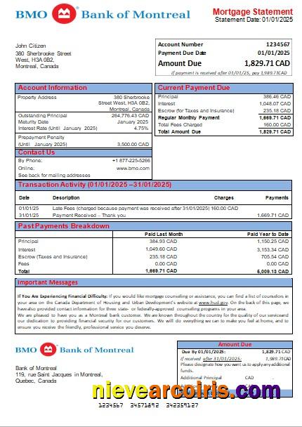 Canada Bank Of Montreal Bank Mortgage Statement Scr Template