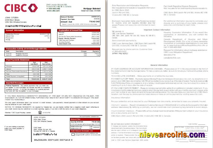 Canada CIBC Bank Mortgage Statement, 2 Pages, 1 2 Scr Preview