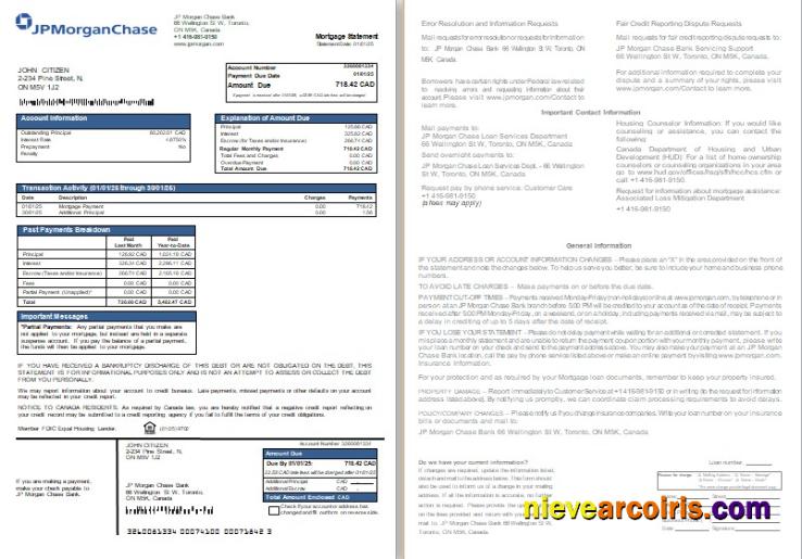 Canada JP Morgan Chase Bank Mortgage Statement, 2 Pages, 1 2 Scr Template