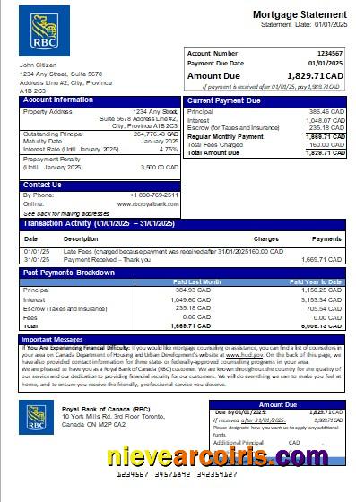 Canada Royal Bank Of Canada (RBC) Bank Mortgage Statement Scr Template