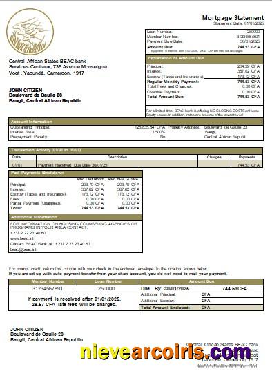 Central African Republic BEAC Bank Mortgage Statement Scr Template