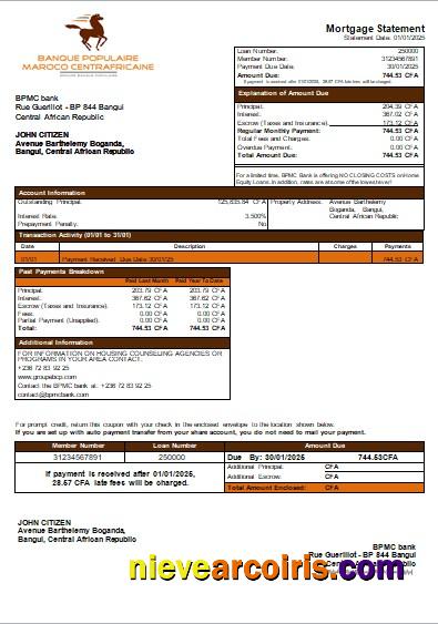 Central African Republic BPMC Bank Mortgage Statement Scr Template