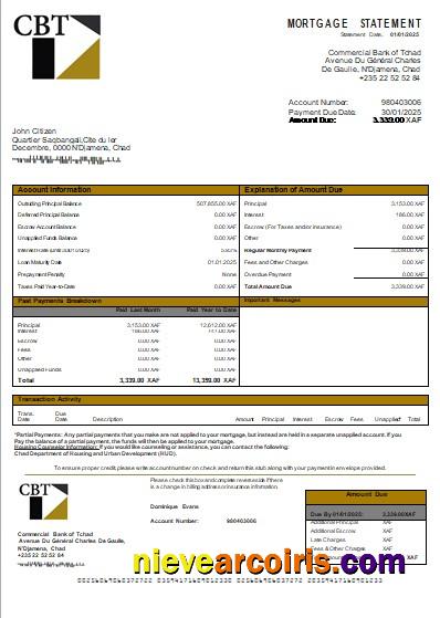Chad Commercial Bank Of Tchad Bank Mortgage Statement Scr Preview