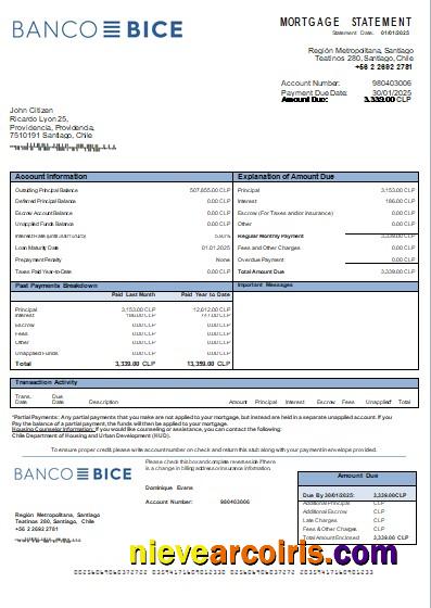 Chile Banco Bice Bank Mortgage Statement Scr Template