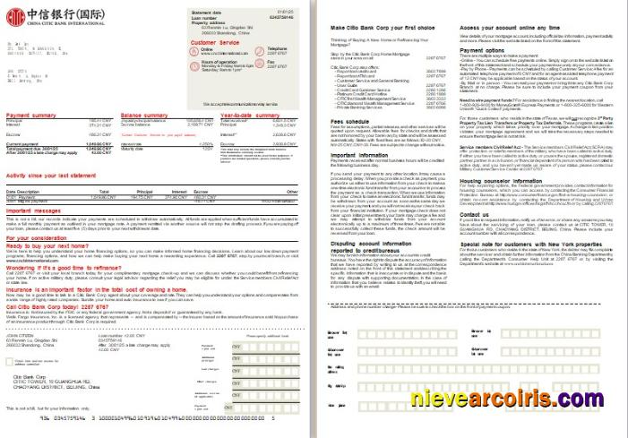 China Citic Bank Corp Bank Mortgage Statement, 2 Pages, 1 2 Scr Sample