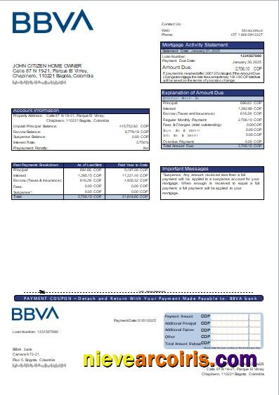 Colombia BBVA Bank Mortgage Statement Scr Sample