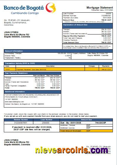 Colombia Banco De Bogotá Bank Mortgage Statement Scr Sample