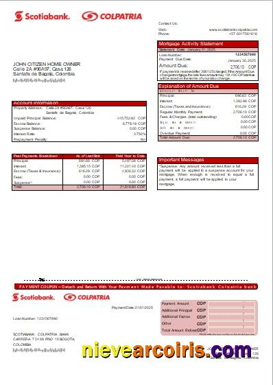 Colombia Scotiabank Colpatria Bank Mortgage Statement Scr Sample