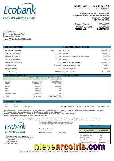 Congo Ecobank Bank Mortgage Statement Scr Sample