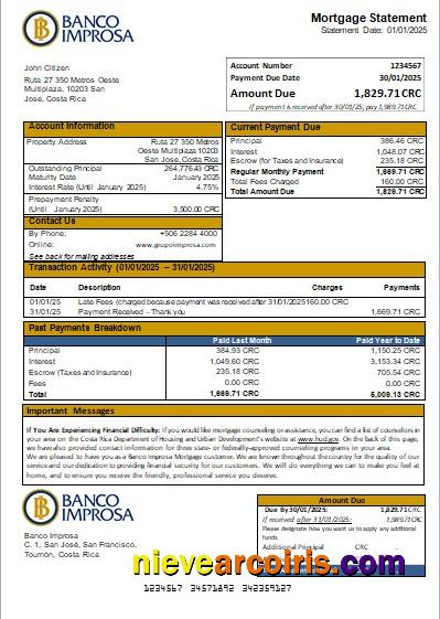 Costa Rica Banco Improsa Bank Mortgage Statement Scr Preview