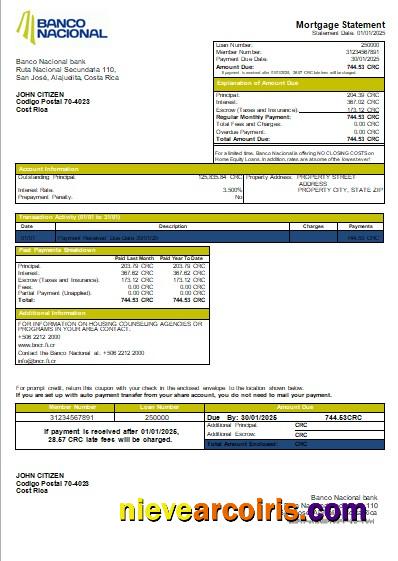 Costa Rica Banco Nacional Bank Mortgage Statement Scr Sample