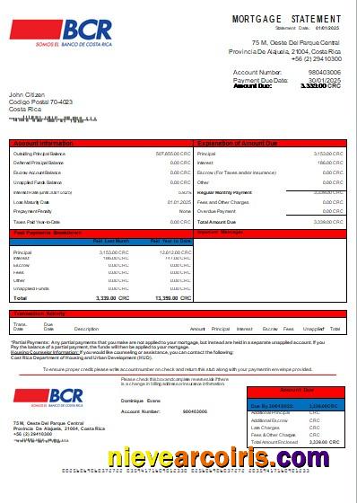 Costa Rica The Bank Of Costa Rica Bank Mortgage Statement Scr Photolook