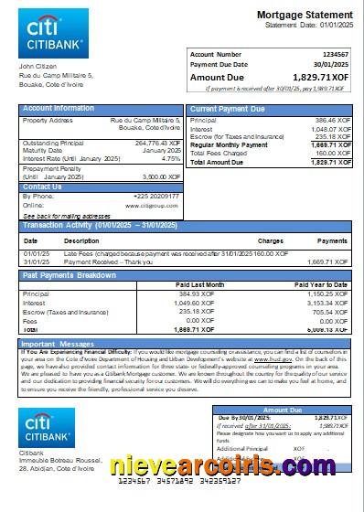 Cote D’Ivoire Citibank Bank Mortgage Statement Scr Template