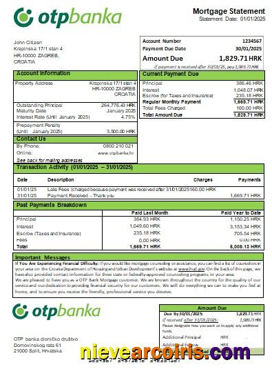 Croatia OTP Bank Mortgage Statement Scr Sample